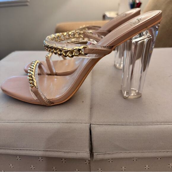 Bisou Bisou Gold Chain Clear Tan Open Toe Heeled Sandals Womens 11 Sexy Party - Picture 4 of 9